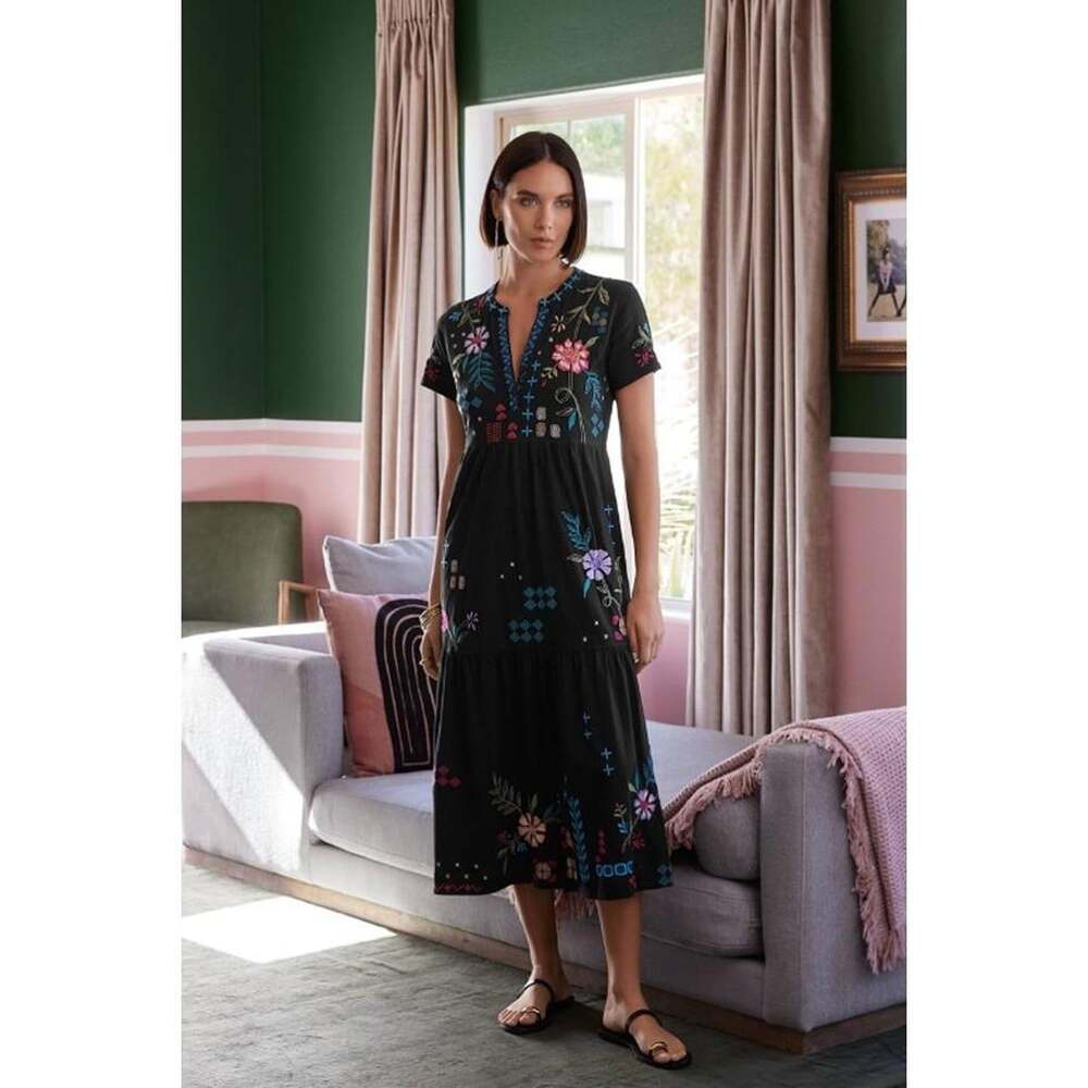 Johnny Was Women S Katie Dress Midi Black Embroidered Floral Henley Neck Tiered